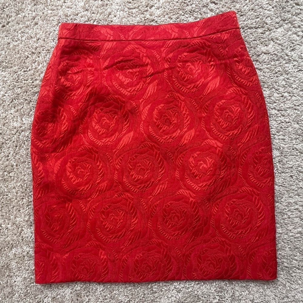 Vintage Escada Couture red floral pencilskirt classic Christmas luxury wool silk